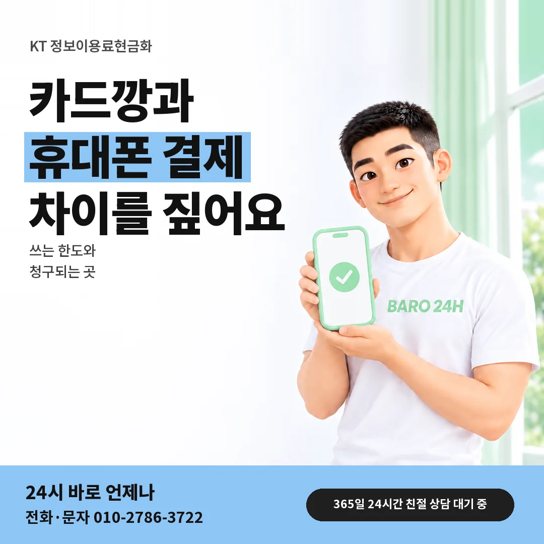 휴대폰을 든 BARO 24H 티셔츠를 입은 3D 인물 옆에 「KT 카드깡과 결제 방식 차이」 제목을 얹은 안내 카드
