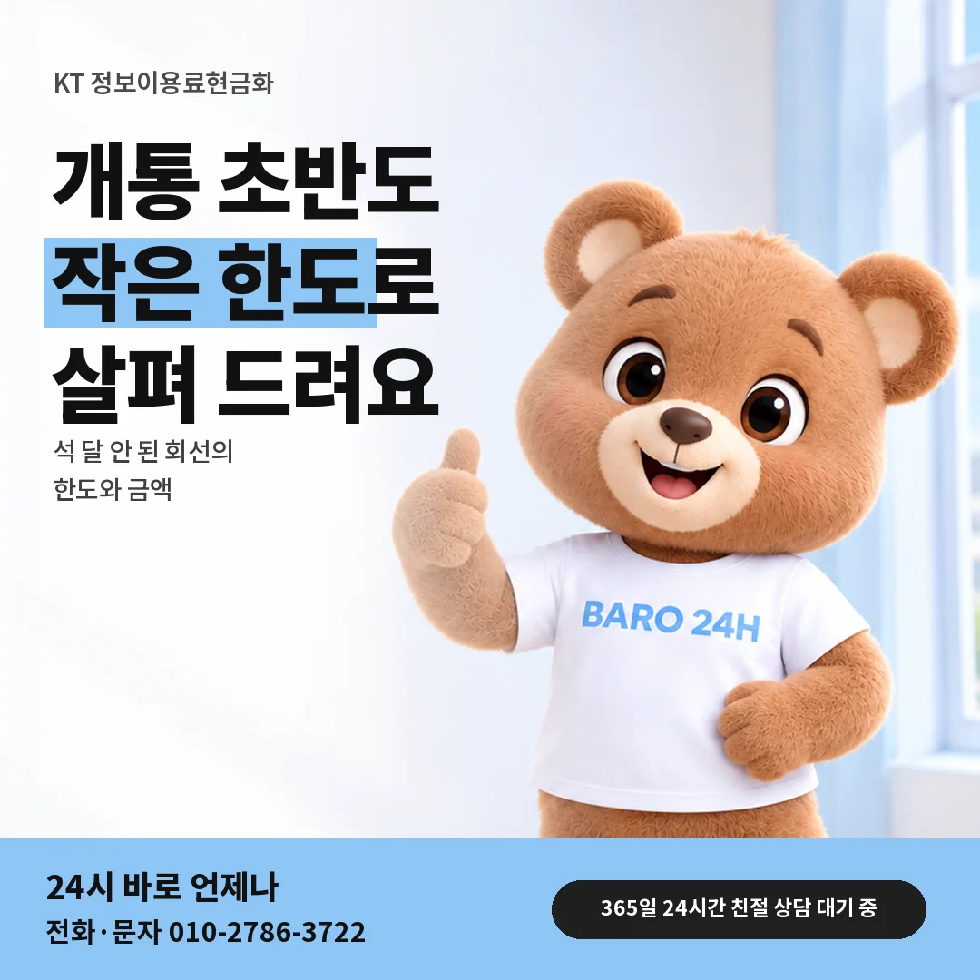 휴대폰을 보며 웃는 BARO 24H 티셔츠를 입은 3D 곰 캐릭터 옆에 「KT 개통 초반 한도와 금액」 제목을 얹은 안내 카드