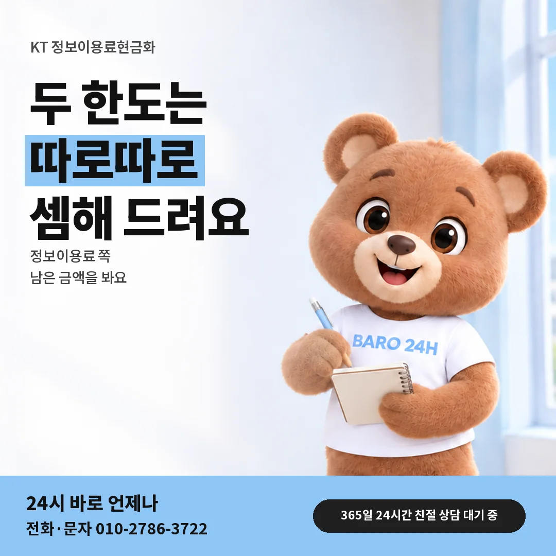 휴대폰을 보며 웃는 BARO 24H 티셔츠를 입은 3D 곰 캐릭터 옆에 「KT 두 한도 따로 셈하기」 제목을 얹은 안내 카드